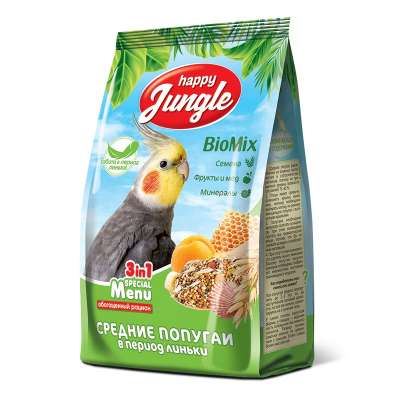 Happy Jungle Medium parrot food for moulting birds, 500 g. balanced mix of seeds, fruits