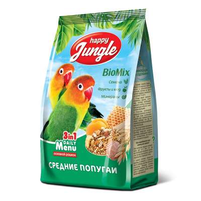 Happy Jungle Medium parrot food, 500 g. Parrots Pet Food Packaging Bag balanced mix of seeds fruits