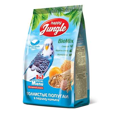 Happy Jungle Parakeet food for moulting birds, 500 g. Parrots Pet Food Packaging Bag balanced mix of seeds